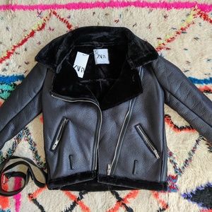 Zara faux fur lined moto jacket in black with tags